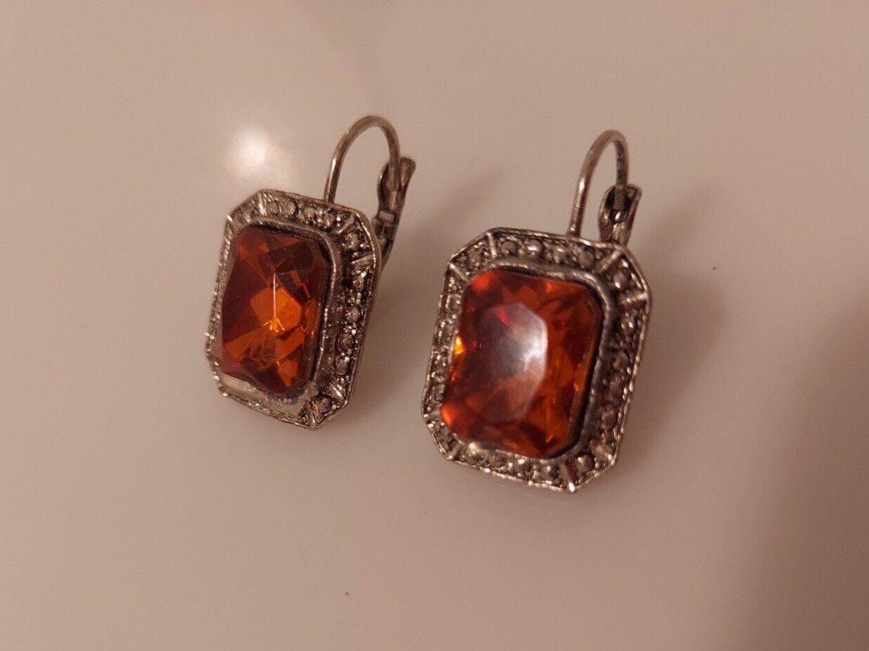 rectangular drop earrings brown stone w/ faux mar… - image 6