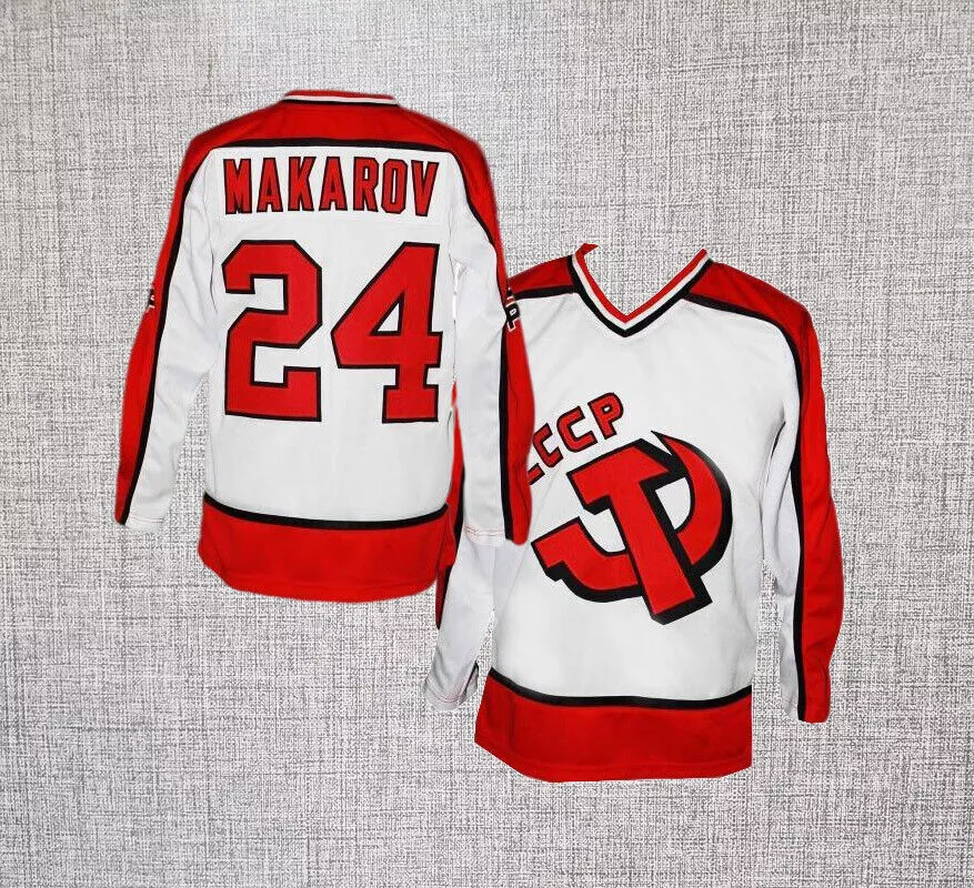 Throwback Sergei Makarov #24 CCCP Russia Hockey Jerseys Custom