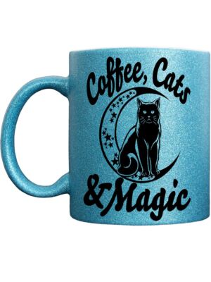 Kaffee, Katzen & Magie blau Glitzer Tasse
