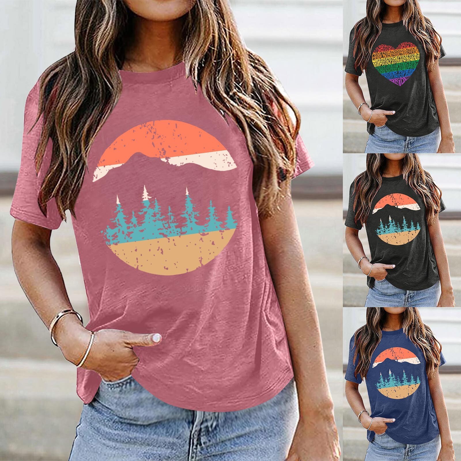 T Shirt Women Mountain Hiking Workout Shirt Sunrise Graphic Tees Casual Short-image