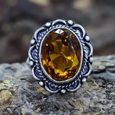 Facettiert Citrin Edelstein Handgemacht Ethnisch Silber Schmuck Ringgröße 8 - Bild 1 von 4