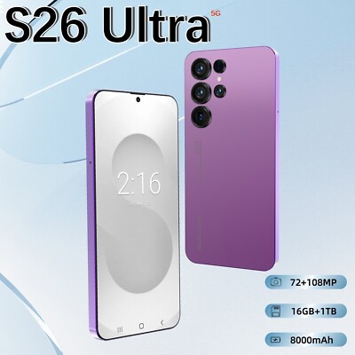 S26 Ultra 5G Smartphone 7.0in Unlocked Android 15 Cellphone Dual 16GB+1TB Purple