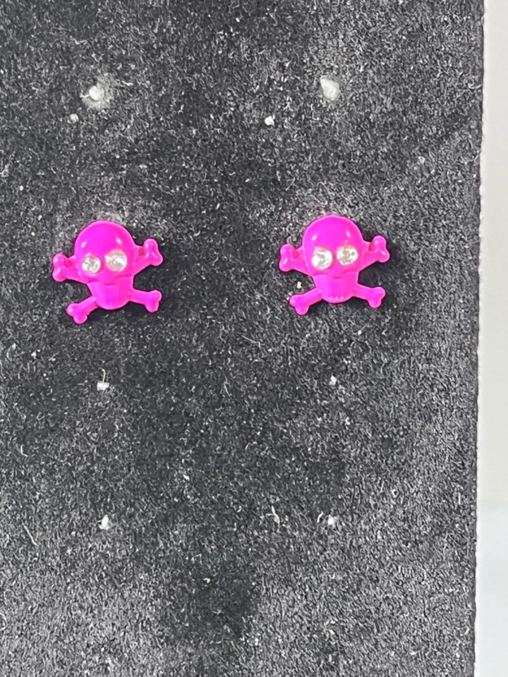 Studded Skull Cross Bone Earrings Pink Retro Mid Century Modern Boho Pierce 0.5" - Image 2 of 4