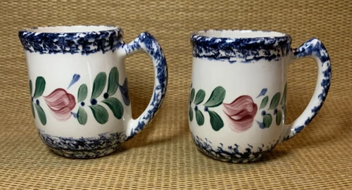 2 Gail Pittman Whiteware Coffee Tea Mugs Sponge Border Red Blue Floral Green