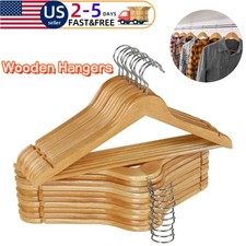 Natural Wooden Coat Hangers Suit Garments Clothes Wood Hanger Trouser bar Set US