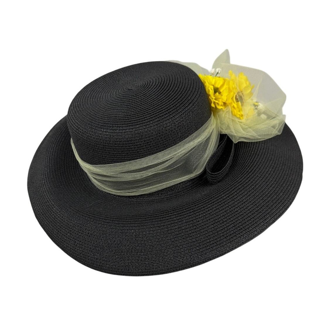 Eric Javits Wide Brim Hat Black Straw Yellow FLowers + 16" Neiman Marcus Hat box View 4