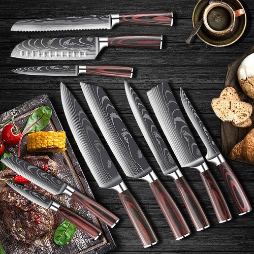 10PCS Kitchen Knife Set Japanese Damascus pattern Chef Knives Cleaver Santoku