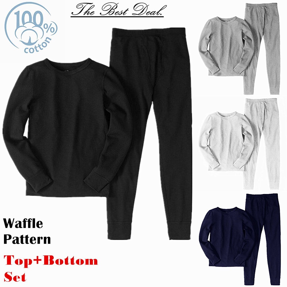 Mens 100% Cotton Waffle Knit Thermal Long Johns Warm Underwear Top+Pants  2PC Set
