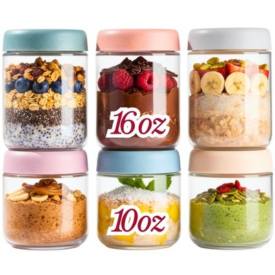 CATIFLIN 6Pack Overnight Oats Containers with Lids, 16oz & 10oz Glass Mason J...