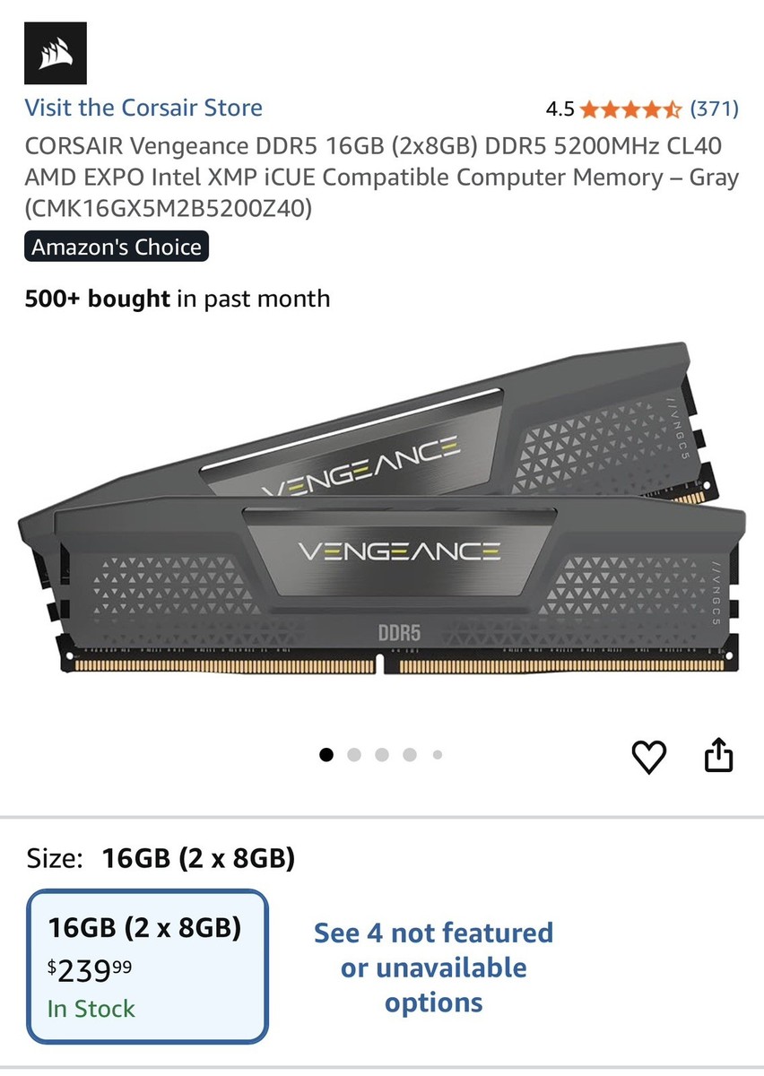 CORSAIR VENGEANCE DDR5 16GB (2 x 8GB) 5200MHz CL40-40-40-77