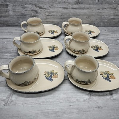 Home & Garden Party Stoneware Soup Cup Sandwich Plate Lot (6) Fruit Motif 2005