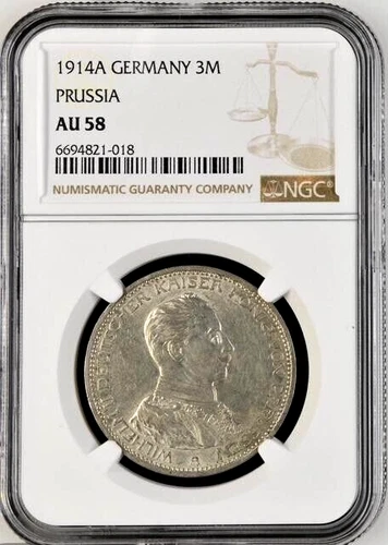 1914 A Germany Silver 3 Mark Prussia King Wilhelm II NGC AU 58