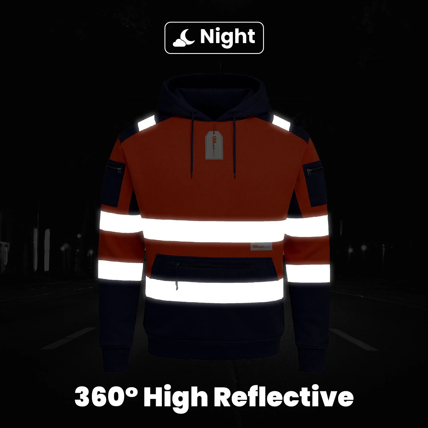 Hi-vis pullover hoodie rear torso shoulder and sleeve reflective tape