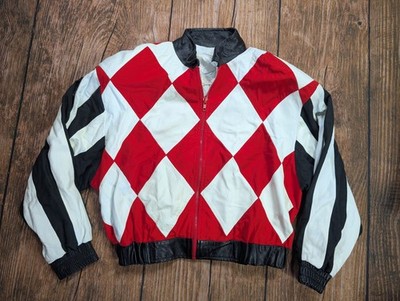 VTG 80's/90's Cache Black White & Red Checkered Leather Biker Jacket Size Medium