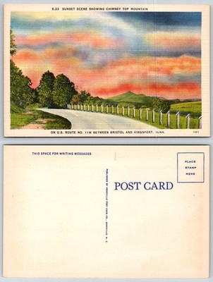Sunset Chimney Top Mountain Route 11W Bristol & Kingsport TN Postcard Linen