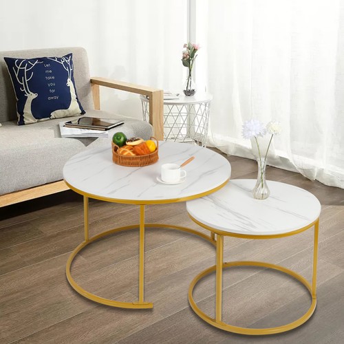 2er Set Runder Couchtisch Beistelltisch Marmor Kaffeetisch Wohnzimmertisch - Bild 6 von 28