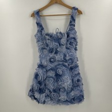 Oh Polly Posy Dress Womens Size 6 Blue Floral Applique 3D Mini Party Cocktail