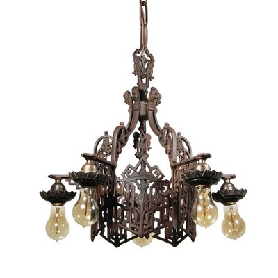 ヴィンテージ　シャンデリア Antique Art Deco Iron Chandelier with Exposed Bulbs, c. 1930