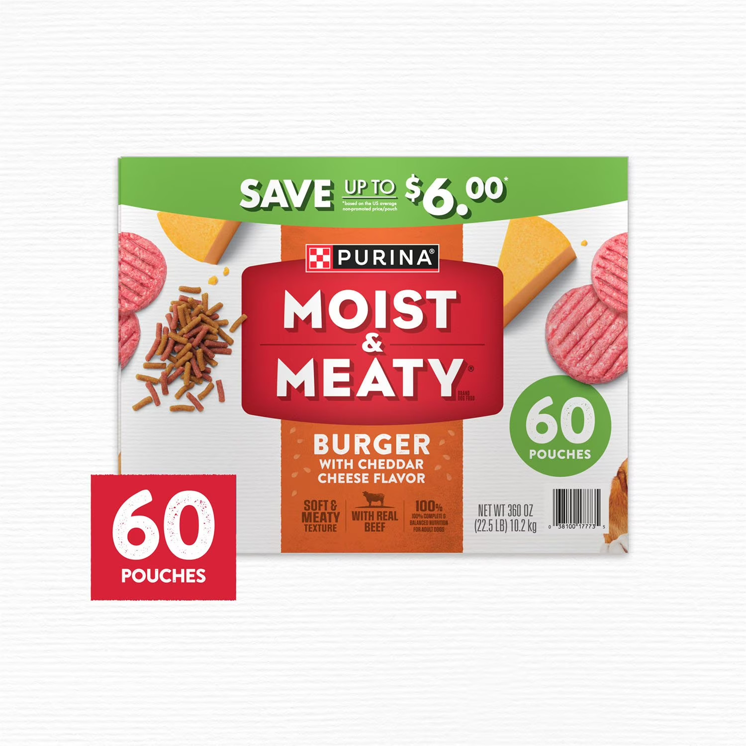 Purina Moist & Meaty Burger with Cheddar Cheese Flavor, Adult Dog Food, 6 oz., 6