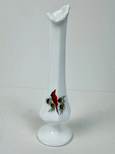 Vintage FENTON Hand Painted CARDINAL Milk Glass Bud Vase