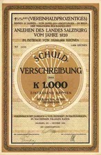 Salzburg Lamdesanlehen 1920 Austria Electricity Bond Bond 1000 Kr. coupons