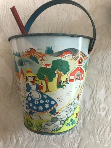 Vintage Children's Pail Nursery Rhyme Theme J. Chein Mother Goose Mary & Shovel