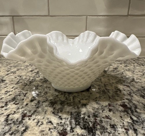 Fenton White Hobnail Milk Glass Bowl Ruffled Edge 10" Diameter 4.5" Tall