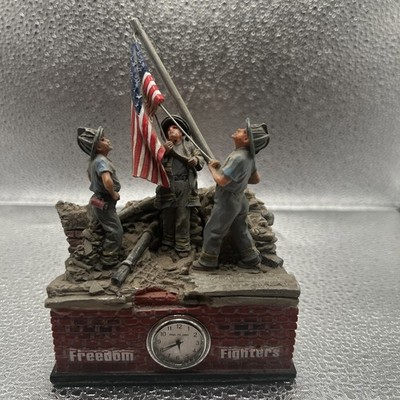 9/11 Firefighters Freedom Fighters USA Flag Raising Clock Figurine Ground Zero