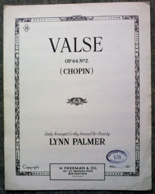 Valse Op. 64 No. 2, Chopin, Vintage Sheet Music for Piano, Arr. Lynn Palmer