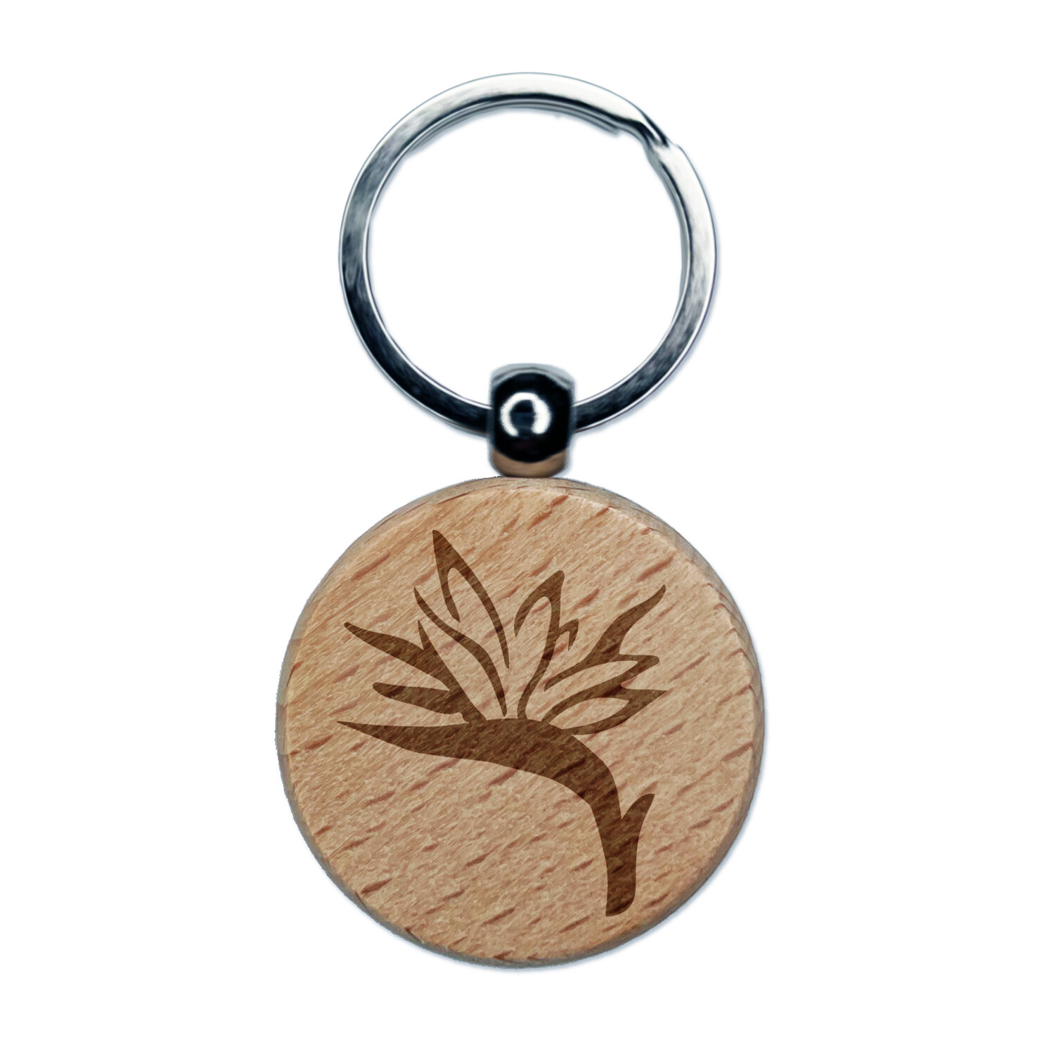 Bird of Paradise Tropical Flower Flora Engraved Wood Round Keychain Tag Charm