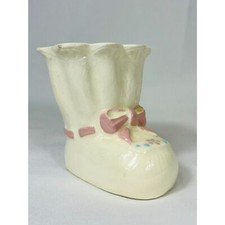 VtgBaby Bootie Ceramic Planter Pink Blue Stitched Infant Nursery Mid Century
