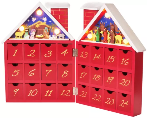 BRUBAKER Reusable Wooden Advent Calendar to Fill - Red Christmas House - LED