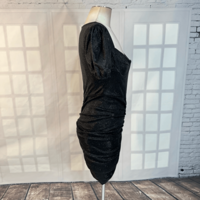 Prettylittlething Black NWT Glitter Ruched Puff Sleeve Cup Detail Bodycon  Dress | eBay