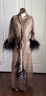 Size 3X Sheer Leopard Print Ladies Robe With Black Feather Trim Style 62049