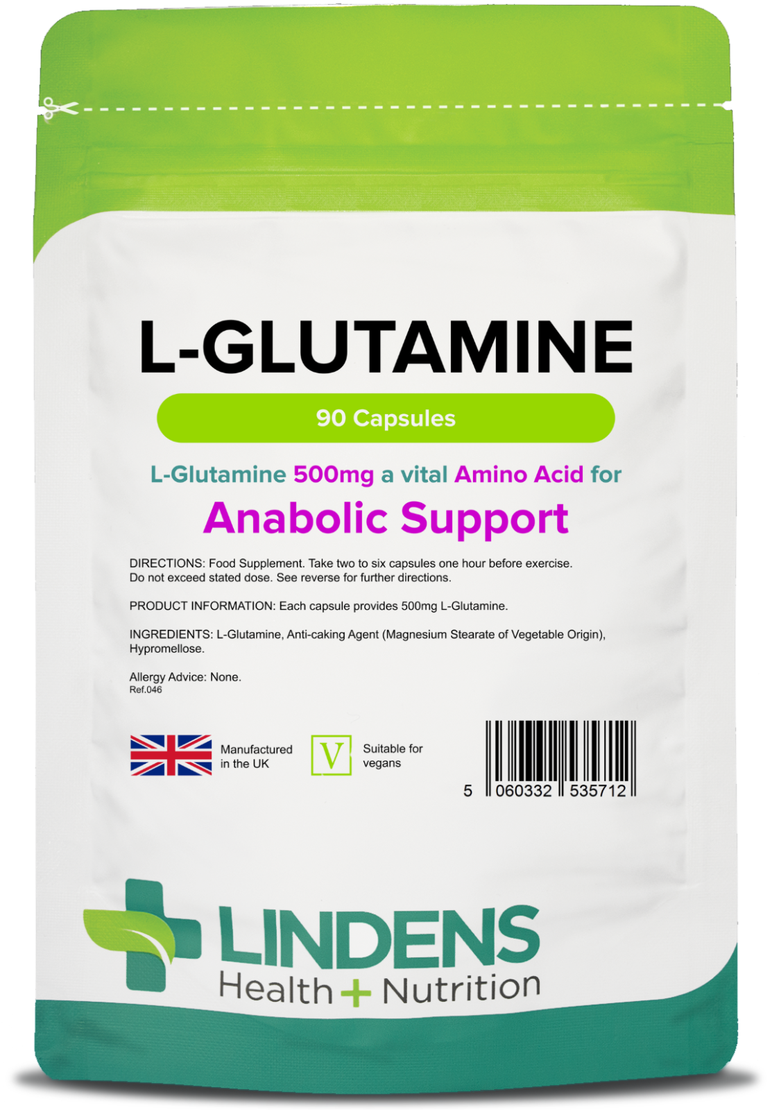 Lindens L-Glutamine 500mg 90 Capsules - Amino Acids, Exercise - Rapid Release