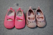 Baby Girls 2 PR DRESS SHOES LOT Mary Janes HOT PINK GLITTER Leopard Print 3-6 MO