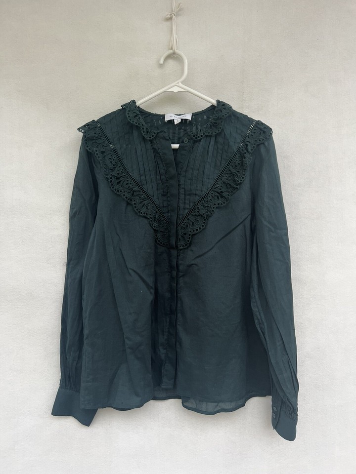 /🍃 WITCHERY Forest Green Broderie Lace Smocked Blouse Shirt Tee Floral 8 XS S