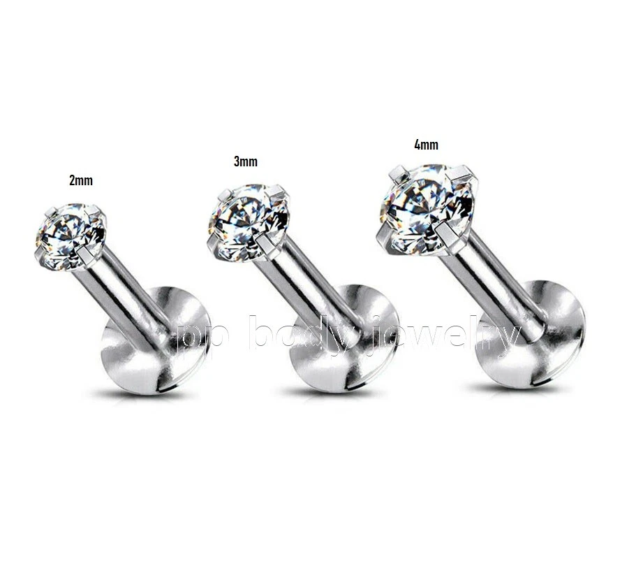 PAIR 16G 1/5"-3/8" Steel Internally Threaded Prong Set CZ Labret Tragus Stud - Image 2 of 4