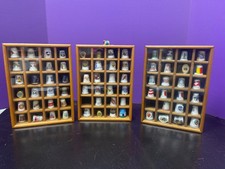 3 Wall-Mount Wooden Thimble Display Case Shadow Box w/ 70 Assorted Thimbles