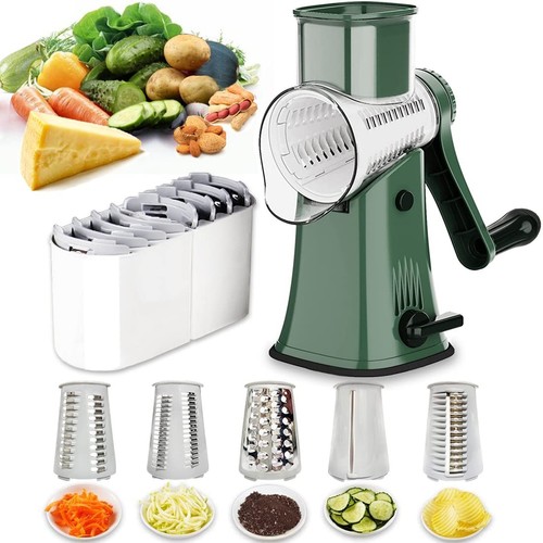 Manual Rotary Cheese Grater Grinder- 5 Interchangeable Blades Round Mandoline...