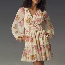 Anthropologie Maeve Somerset Pink Floral Long Sleeve Chiffon Mini Dress Size 2X