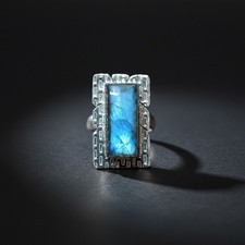 Handmade Labradorite Baguette Ring Silver Plated Brass Gemstone Ring Size US"9