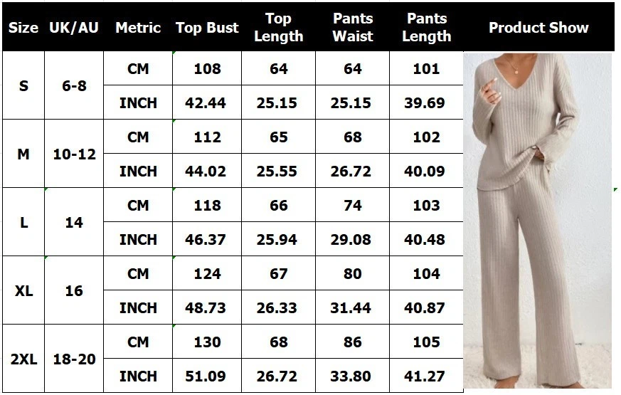 2PCs Ladies Lounge Wear Tracksuit Ribbed Knit Loose V-Neck Tops Pants Casual Set - Image 2 of 4