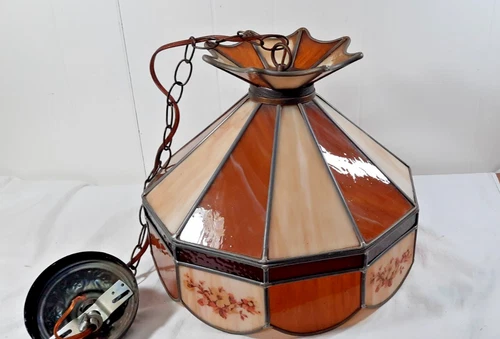 Vintage Tiffany Style Hanging Lamp With Stained Glass 15"