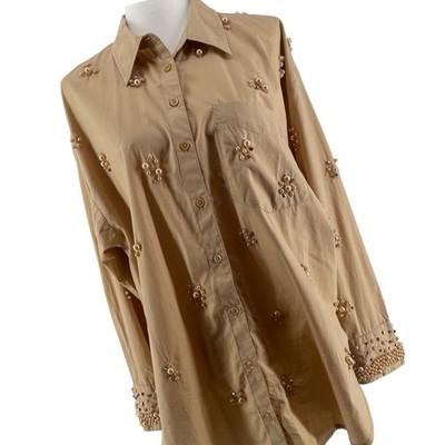 Maeve Anthro Top Womens Medium Tan Pearl Beaded Artsy Western Boho *READ