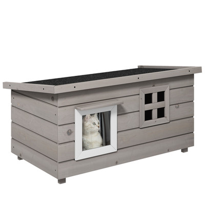 Katzenhaus grau Tannenholz 87x52x44cm Outdoor erhöhtes aufklappbares Dachfenster Haustierbett