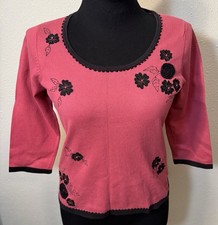 Vintage Liz Claiborne Sweater L Dusty Pink Embroidered Beaded Pullover 3/4 SLV