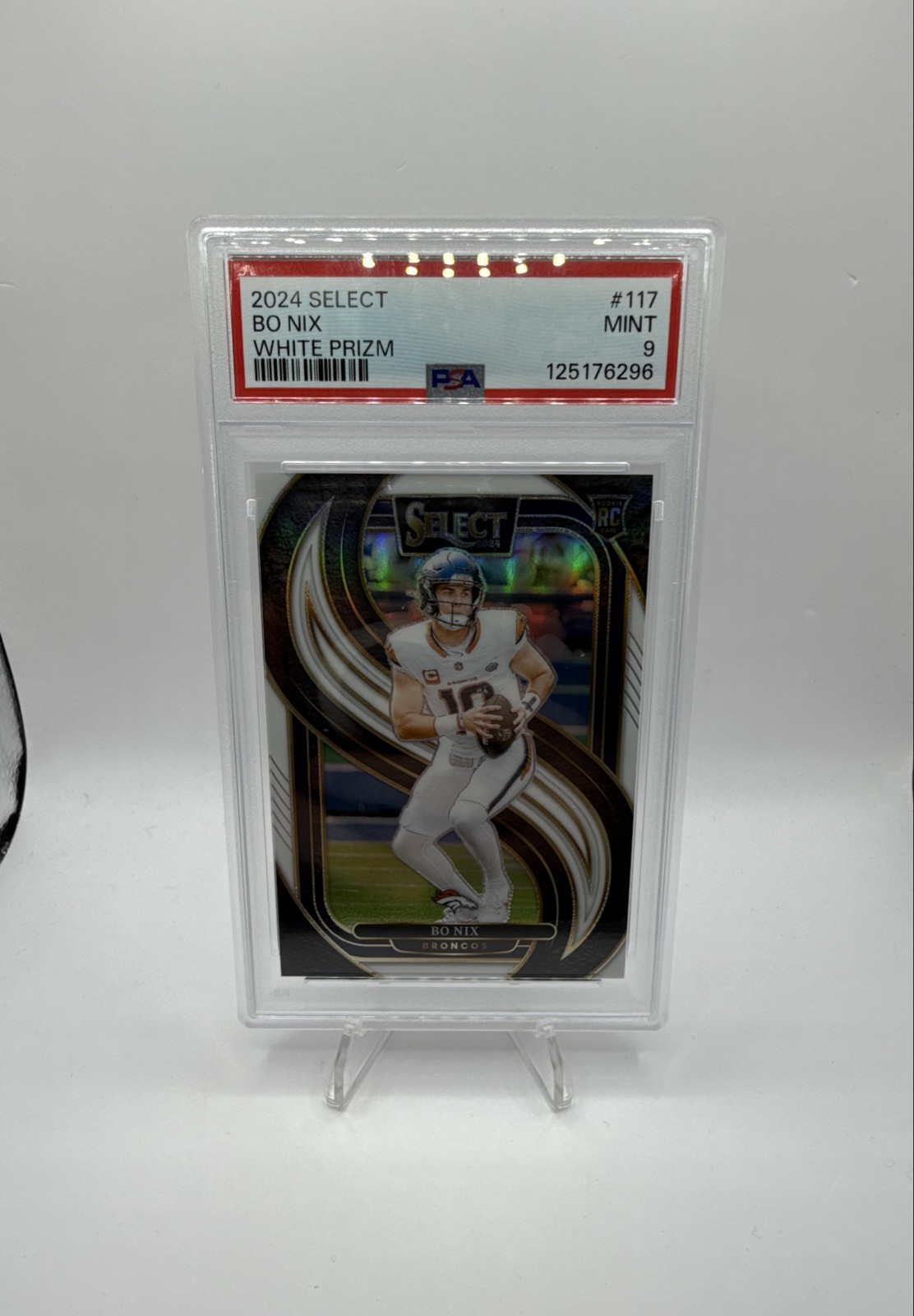 2024 Panini Select - Premier Level Bo Nix #117 White Prizm /35 (RC) PSA 9