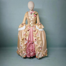 Gold Rococo Ball Gown 3D Floral Ruffle Victorian Princess Costume Party Dress