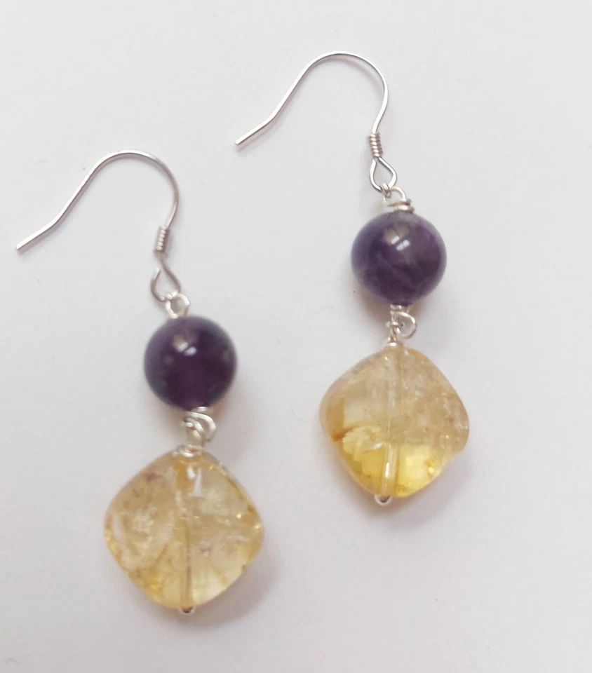 Orecchini in argento 925 con ametista naturale da 8 e citrino naturale a rombo - Immagine 2 di 4